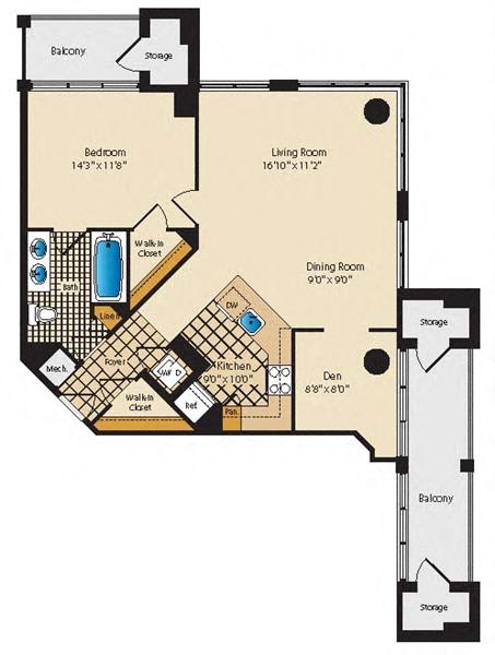 Arlington VA one bedroom apartments with 2 balcony and den