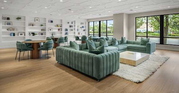 A modern living room with a green sofa and a white rug.