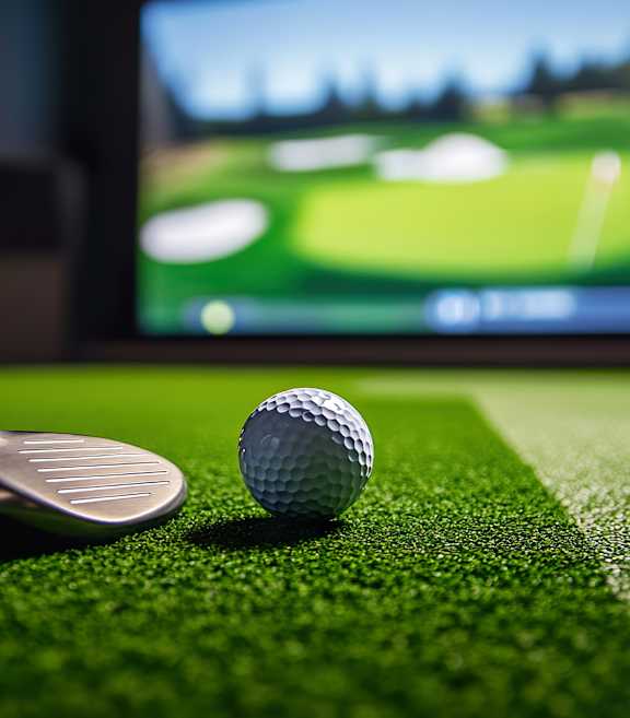 A golf ball and club are on a green mat in front of a television screen showing a golf course.