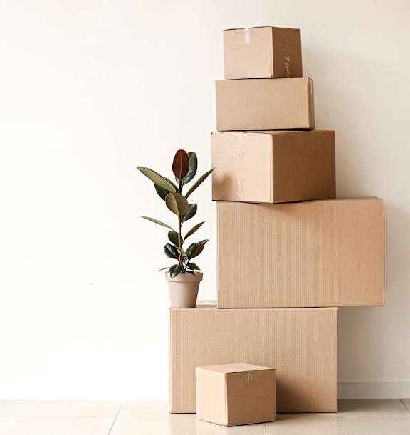 a stack of cardboard boxes with a plant on top of them