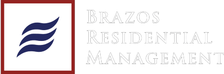 A logo with a stylized blue feather and the words "Brazos Residential Management" in black text.