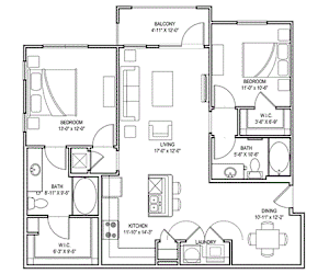2 bed 2 bath C Floor Plans at Audubon Park Apartment Homes, LA