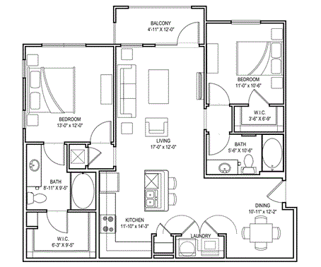 2 bed 2 bath C Floor Plans at Audubon Park Apartment Homes, LA