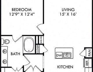 The Encanto. 1 bedroom apartment. Kitchen with island open to living room. 1 full bathroom, double vanity. Walk-in closet. Patio/balcony.
