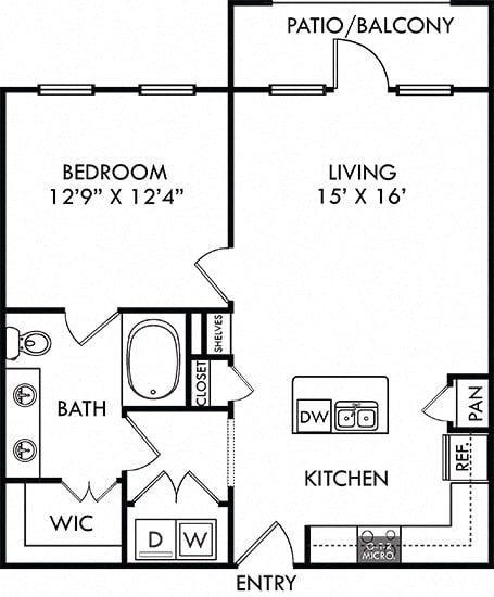The Encanto. 1 bedroom apartment. Kitchen with island open to living room. 1 full bathroom, double vanity. Walk-in closet. Patio/balcony.