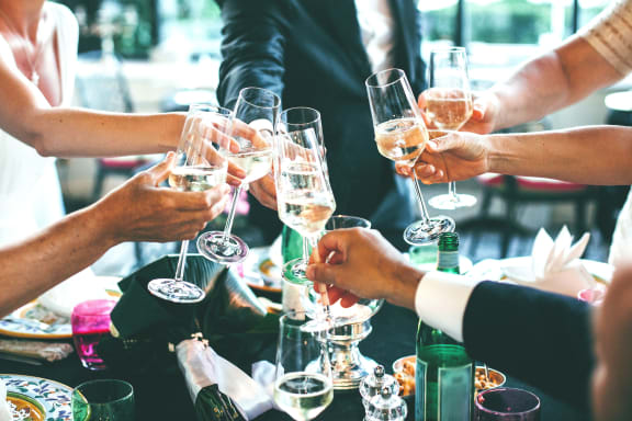 a group of people sitting around a table holding wine glasses