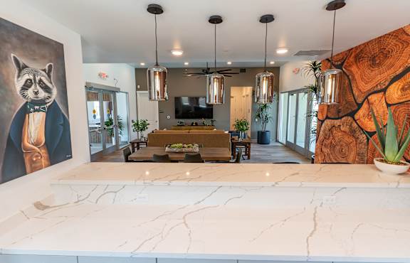 A raccoon painting is on the wall in a modern kitchen.