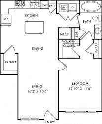 Jones. 1 bedroom apartment. Kitchen with island open to living/dinning rooms. 1 full bathroom. Walk-in closet. Extra storage closet.