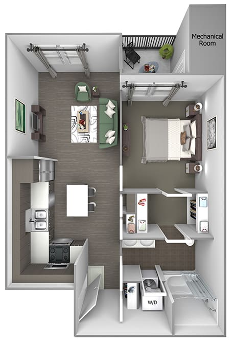 Quinn Crossing - A1 (Newell) - 1 bedroom and 1 bath - 3D floor plan