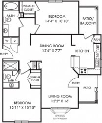Monroe. 2 bedroom apartment. Kitchen with bartop open to living & dinning rooms. 2 full bathrooms, shower stall in master. Walk-in closets. Patio/balcony.