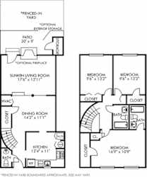 La Colombe with Fenced-in Yard. 3 bedroom townhome. Kitchen, living, and dinning rooms. 2 full bathrooms + powder room. Patio/balcony open to yard. optional fireplace and exterior storage.
