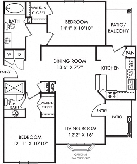 Monroe. 2 bedroom apartment. Kitchen with bartop open to living & dinning rooms. 2 full bathrooms, shower stall in master. Walk-in closets. Patio/balcony.