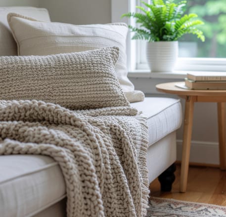 A white knitted blanket on a white couch with a potted plant on the windowsill.