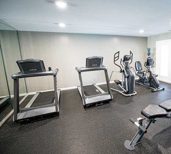 A gym with treadmills, exercise bikes, and other equipment.