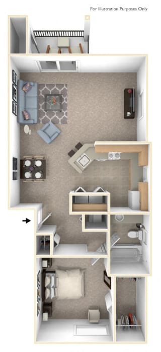 One Bedroom End Floor Plan at Tall Oaks Apartment Homes, Kalamazoo, MI