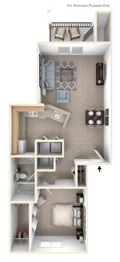 One Bedroom One Bath Floorplan at Hurwich Farms Apartments, South Bend