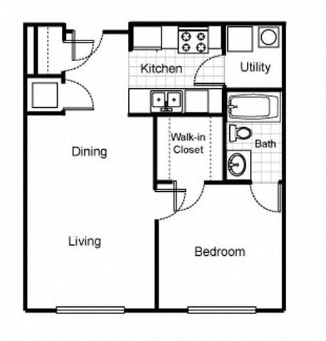 1 bedroom 1 bath type 1 2D floorplan, Jazz District Apartments, Kansas City, MO