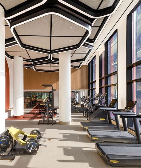 a gym with weights and exercise equipment in a building with tall windows at The Grace and Reva, Virginia