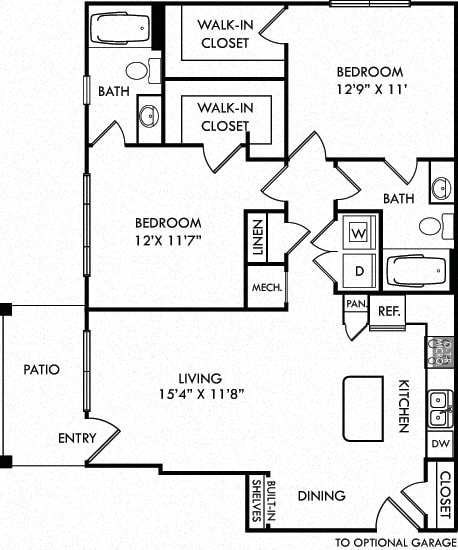 The Davis. 2 bedroom apartment. Kitchen with island open to living/dinning rooms. 2 full bathrooms. Walk-in closets. Patio/balcony.