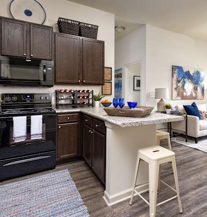 a living room with a kitchen and a dining room