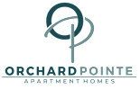 A logo with the text "Orchard Pointe Apartment Homes" in front of a green background.