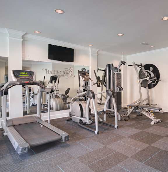 A gym with a variety of exercise equipment including treadmills, weights, and exercise bikes.