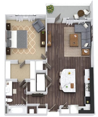 Carolina 3D. 1 bedroom apartment. Kitchen with island open to living room. 1 full bathroom. Walk-in closet. Patio/balcony.