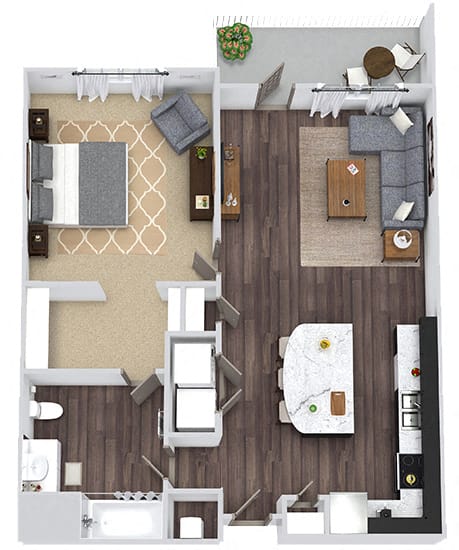 Meredith 3D. 1 bedroom apartment. Kitchen with island open to living room. 1 full bathroom. Walk-in closet. Patio/balcony.