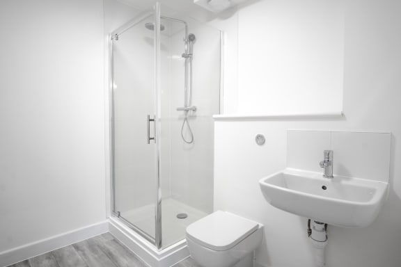 a bathroom with a shower and a sink
