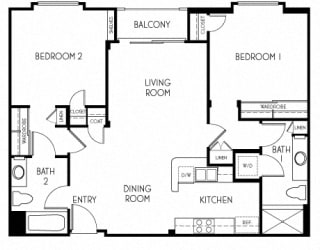 2 bedroom 2 bathroom Floor plan C at The Adler Apartments, Los Angeles, 90025