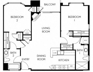 2 bedroom 2 bathroom Floor plan A at The Adler Apartments, Los Angeles, CA