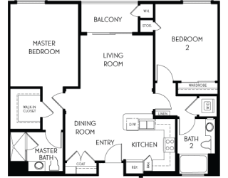 2 bedroom 2 bathroom Floor plan H at The Adler Apartments, Los Angeles