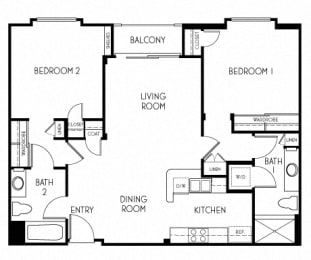 2 bedroom 2 bathroom Floor plan C at The Adler Apartments, Los Angeles, 90025