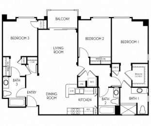 3 bedroom 3 bathroom Floor plan D at The Adler Apartments, Los Angeles, California