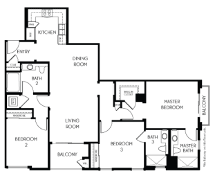 3 bedroom 3 bathroom Floor plan B at The Adler Apartments, Los Angeles, California