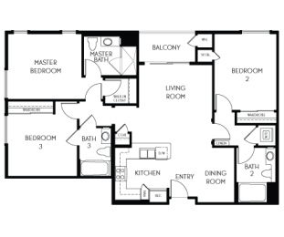 3 bedroom 3 bathroom Floor plan A at The Adler Apartments, Los Angeles, 90025
