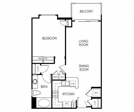 1 bedroom 1 bathroom Floor plan A at The Adler Apartments, Los Angeles, CA, 90025