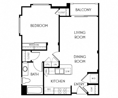 1 bedroom 1 bathroom Floor plan B at The Adler Apartments, Los Angeles, 90025