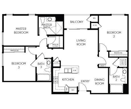 3 bedroom 3 bathroom Floor plan A at The Adler Apartments, Los Angeles, 90025