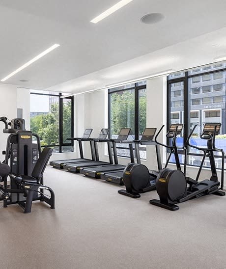 a gym with weights and cardio equipment in a building with large windows at The Grace and Reva, Arlington, Virginia