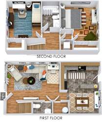 Dogwood 3D two story floorplan with L shaped kitchen, dining room, half bath and living room on first floor. 2 bedroom and 1 bath on second floor