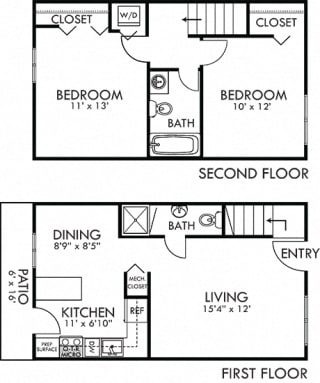 Sage 2 bedroom townhome. 1st floor kitchen-dining-living-half bath. 2nd floor bedrooms-shared bath-laundry. Large closets.