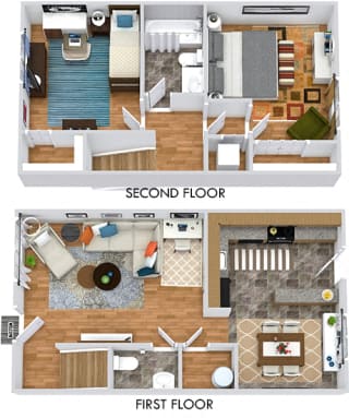 Dogwood 3D two story floorplan with L shaped kitchen, dining room, half bath and living room on first floor. 2 bedroom and 1 bath on second floor