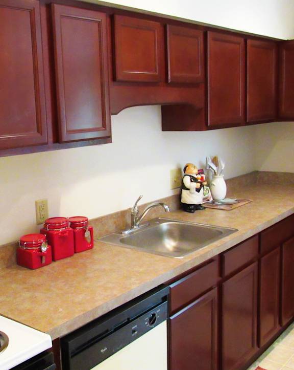 A kitchen with a white stove and brown cabinets.