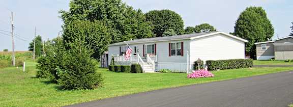 A white house with a flag on the front porch is surrounded by greenery and a paved road.