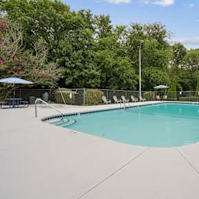 A large swimming pool surrounded by trees and chairs.