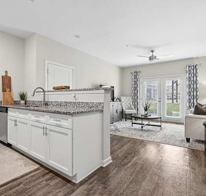 A kitchen with white cabinets and a marble countertop.