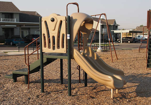 a playground with a slide and monkey bars