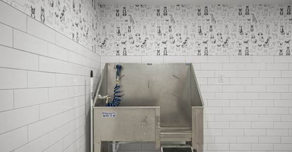 A stainless steel sink in a white tiled bathroom.