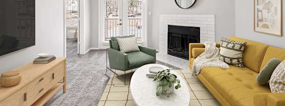 a living room with a ceiling fan and a fireplace